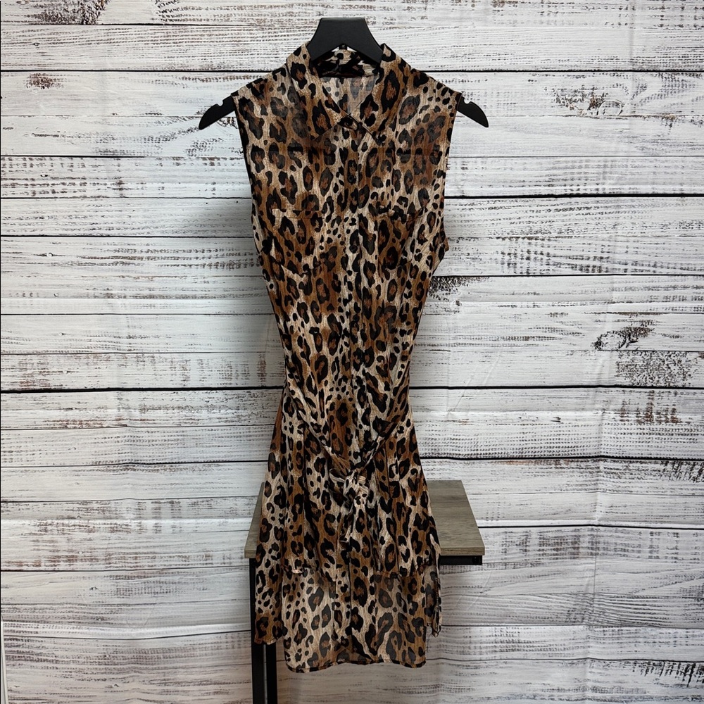 Ali & Kris Brown and Black Leopard Print High Low Sheer Tunic